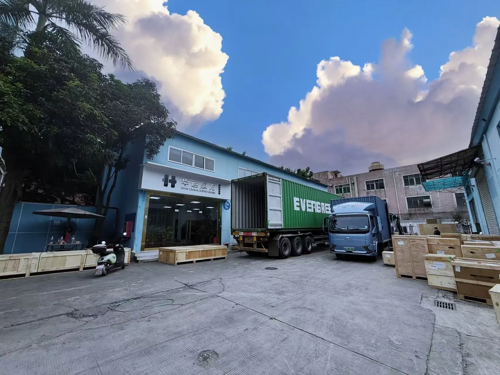 Container truck departing the BuildCargo Logistics warehouse for an international shipment