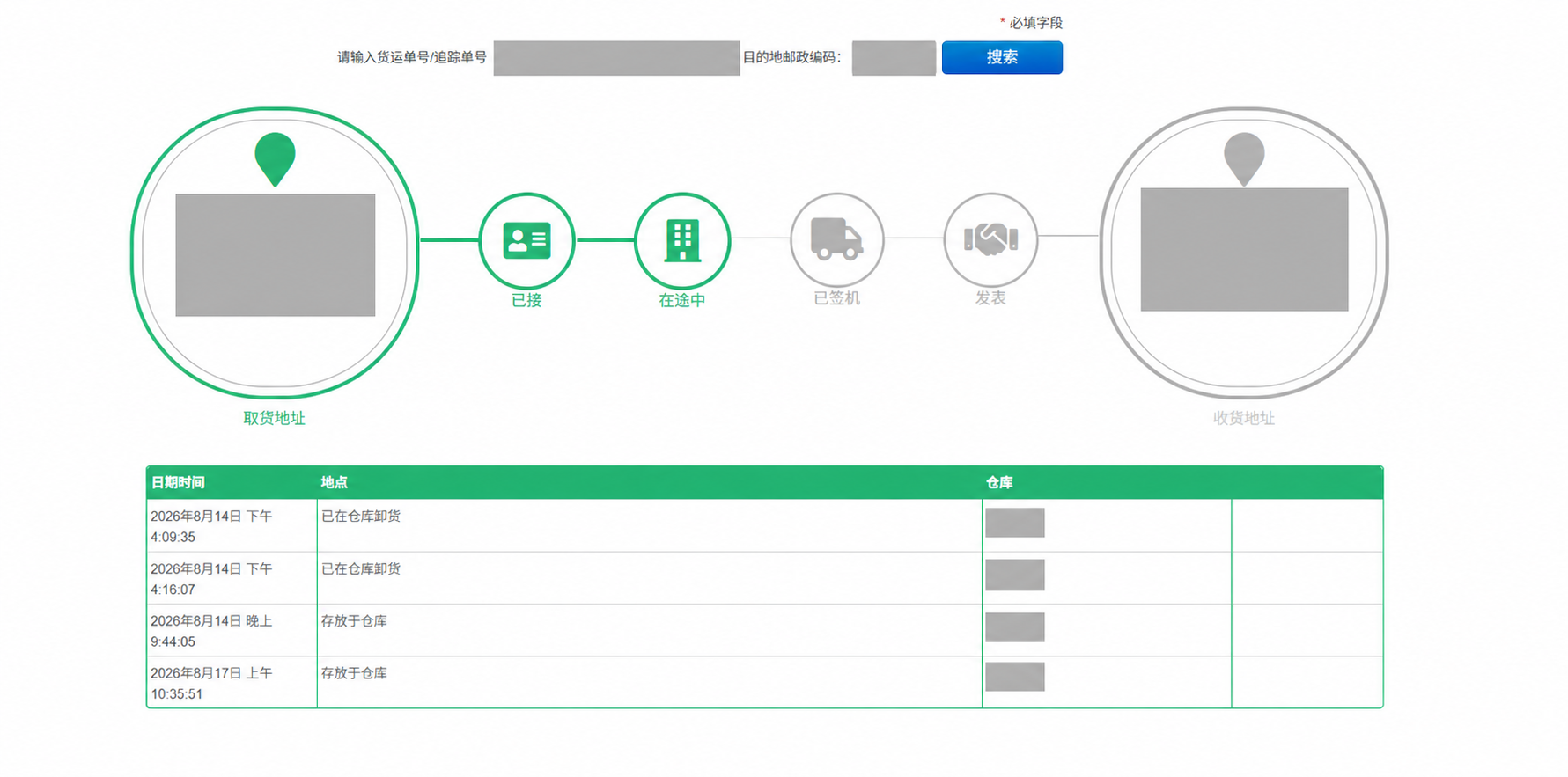 An anonymized tracking history showing later movement through the destination delivery network