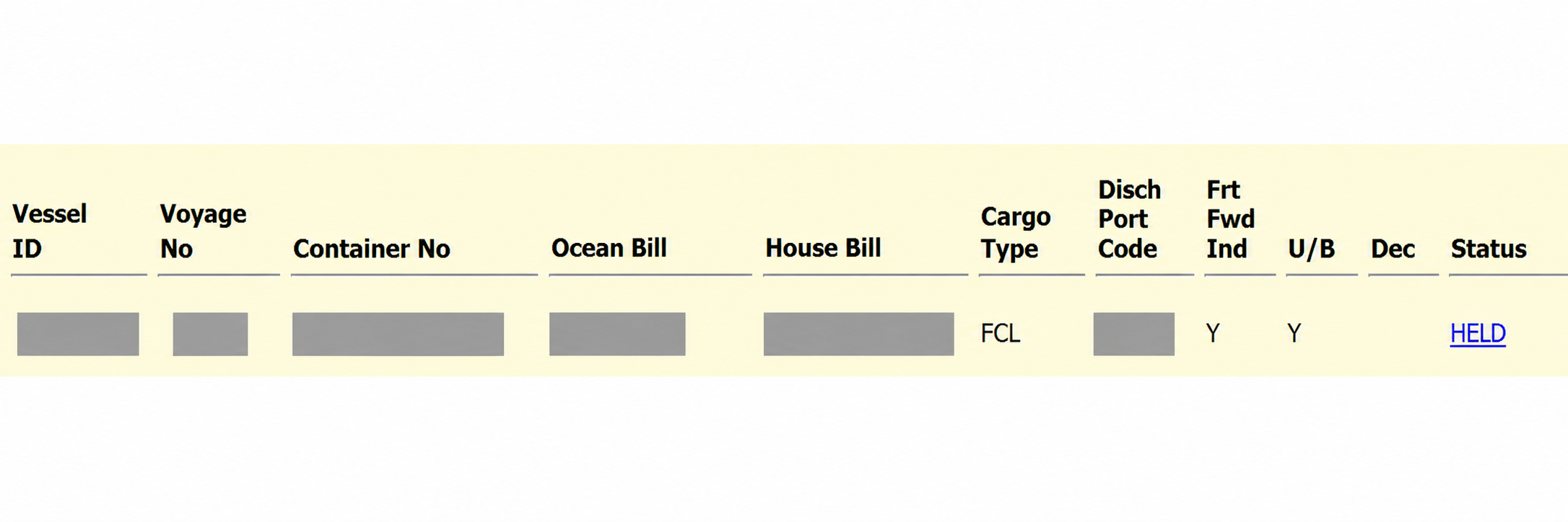 An anonymized shipment record preserving the status HELD while all traceable identifiers are removed
