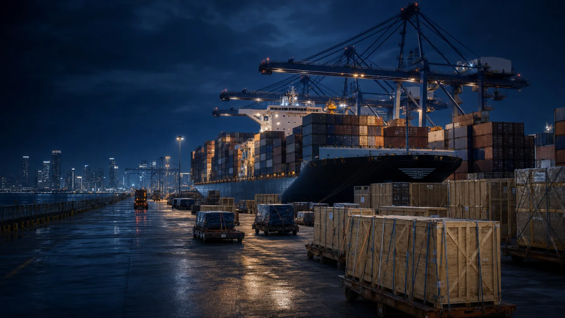 Cargo vessel and protected crates at an international port