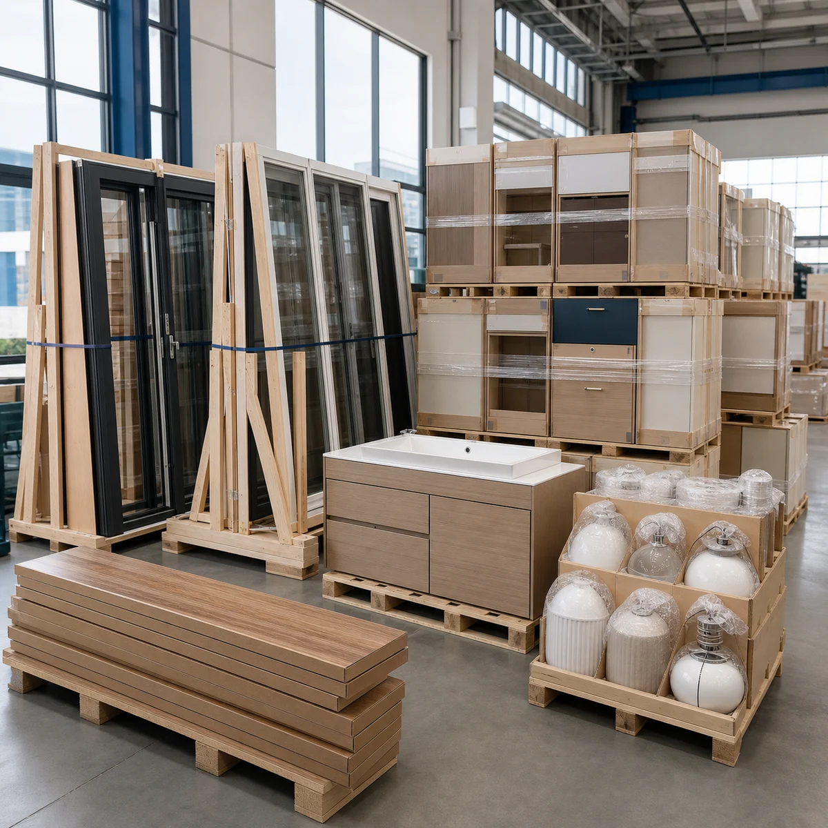 Illustrative view of recognizable doors, windows, cabinets, flooring and bathroom products staged for shipping