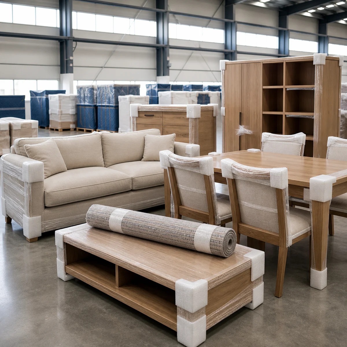 Illustrative view of a sofa, dining set, cabinets, coffee table and rug protected for shipping