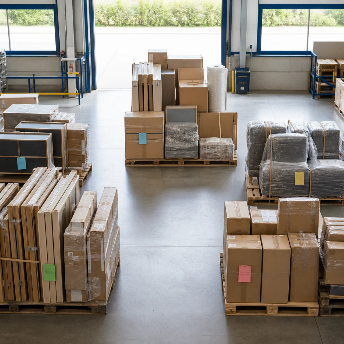 Illustrative view of separate supplier batches organized before they are combined into one shipment