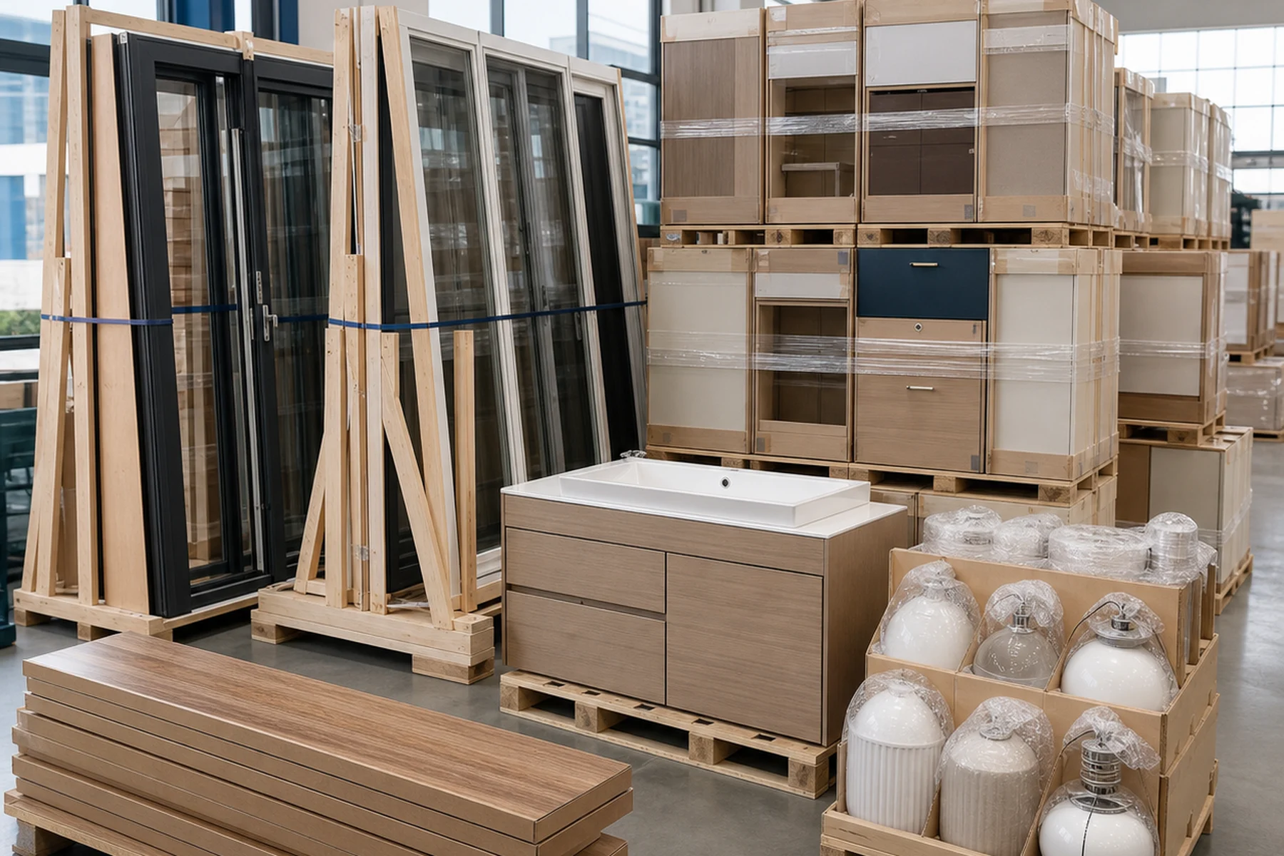 Illustrative view of doors, windows, cabinets, flooring and bathroom products staged for shipping