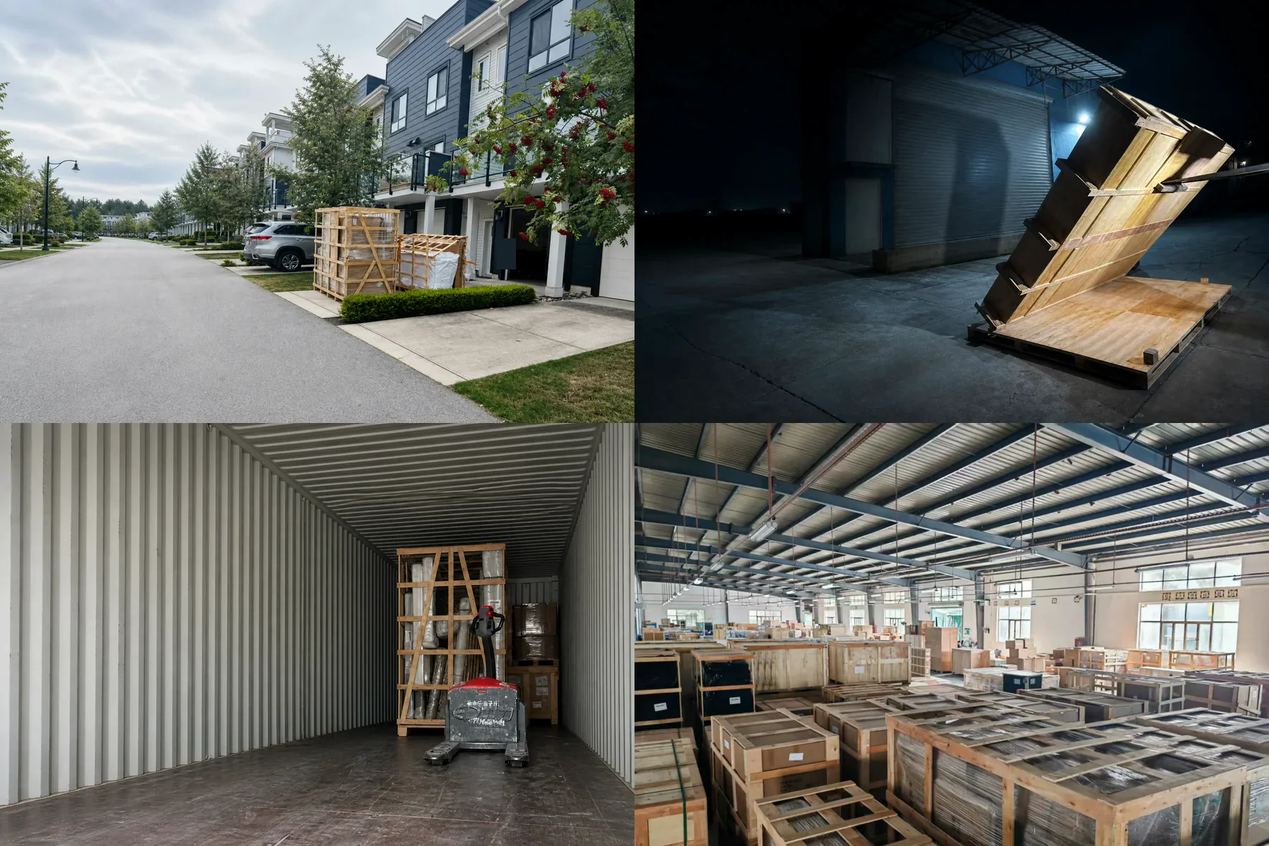 Four real Buildcargo project stages: supplier cargo, door and window packing, exception repacking and home delivery